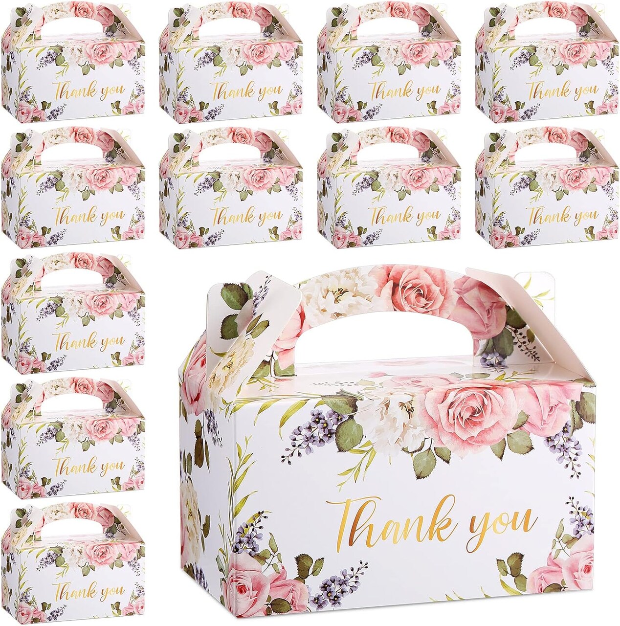 50-Pack Floral “Thank You” Treat Boxes – Gable Gift Boxes for Weddings, Parties, Thanksgiving, Christmas, Employee Appreciation, and Event Favors (White, pink, green)
